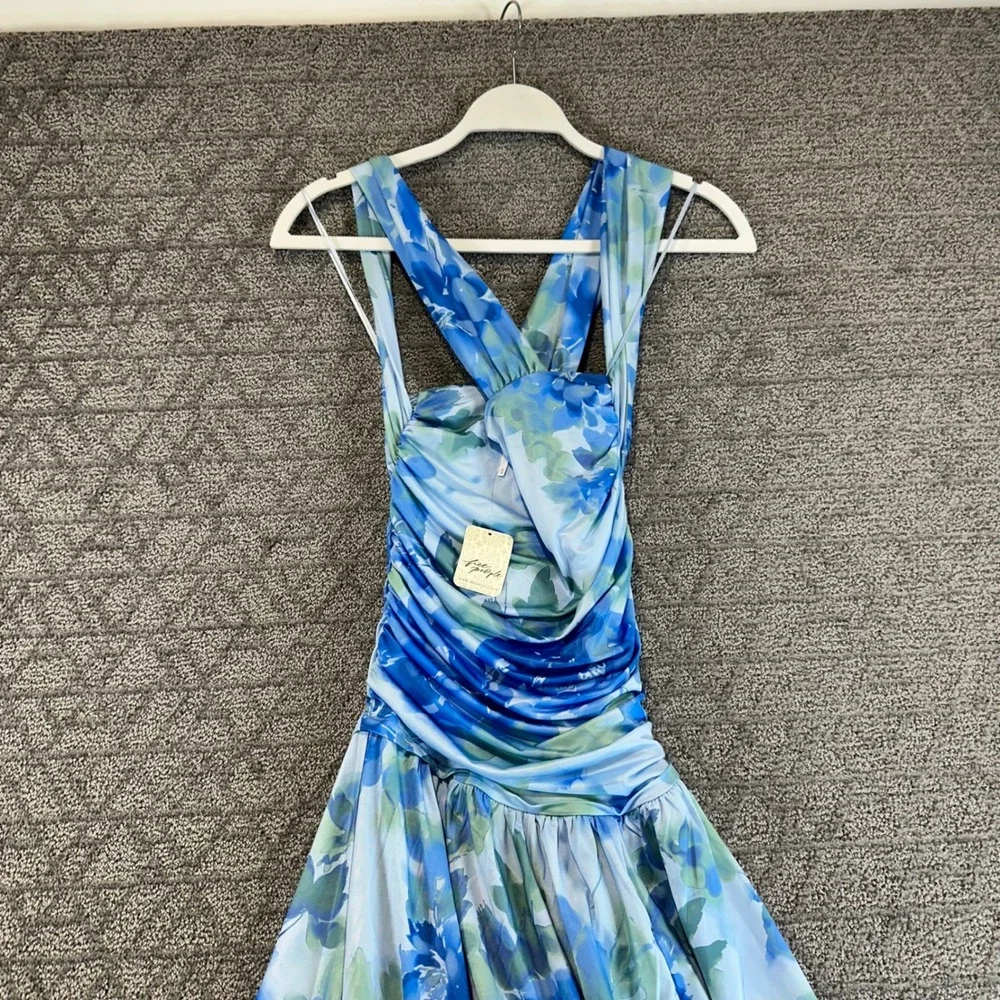 Free‎ People Aqua Combo Blue Floral Ruched Halter Maxi Dress Size M
